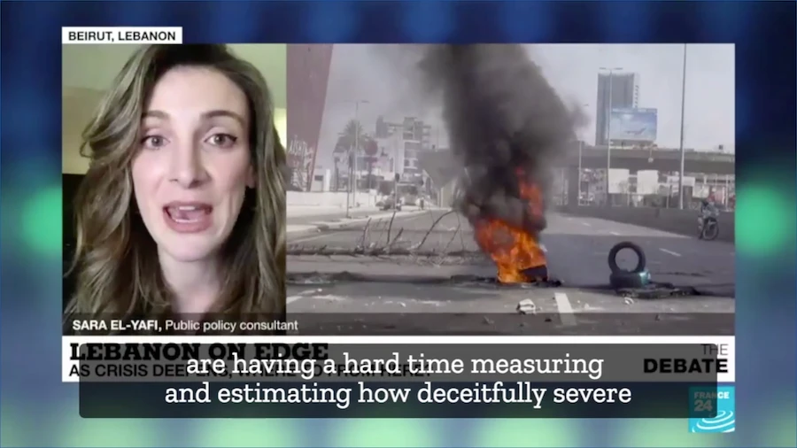 Sara El-Yafi was highlighting the severity of the country’s crises on France 24 and used strong language to describe Lebanon's political leaders. (Screenshot)