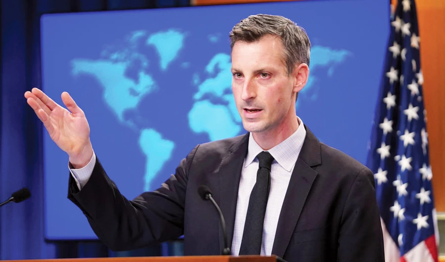 US State Department spokesman Ned Price speaks at a news briefing. (Reuters)