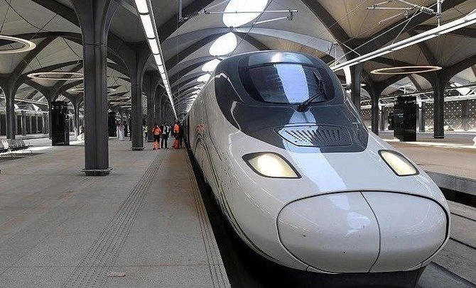 This undated handout photo released by Saudi Press Agency shows a Haramain High Speed Railway ready to run between the holy cities of Saudi Arabia, Makkah and Madinah. (SPA)