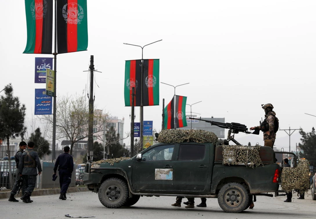 Afghan security forces inspect the site of a blast in Kabul, Afghanistan March 15, 2021. (Reuters)