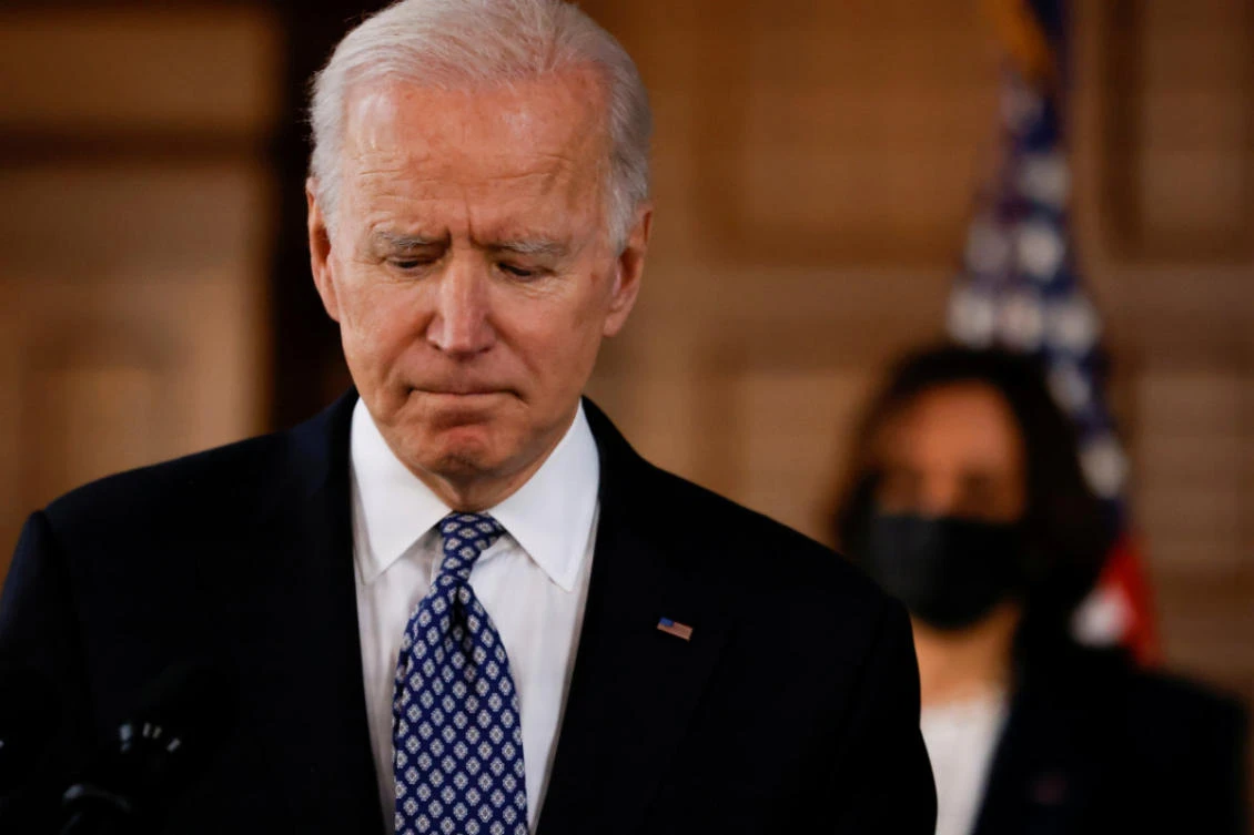 US President Joe Biden delivers remarks after a meeting with Asian-American leaders during a stop at Emory University in Atlanta, Georgia state, on March 19, 2021. (REUTERS/Carlos Barria)