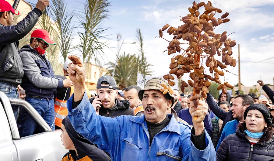Moroccan farmers protest after Algerian authorities expelled the date growers from a border area. (AFP)