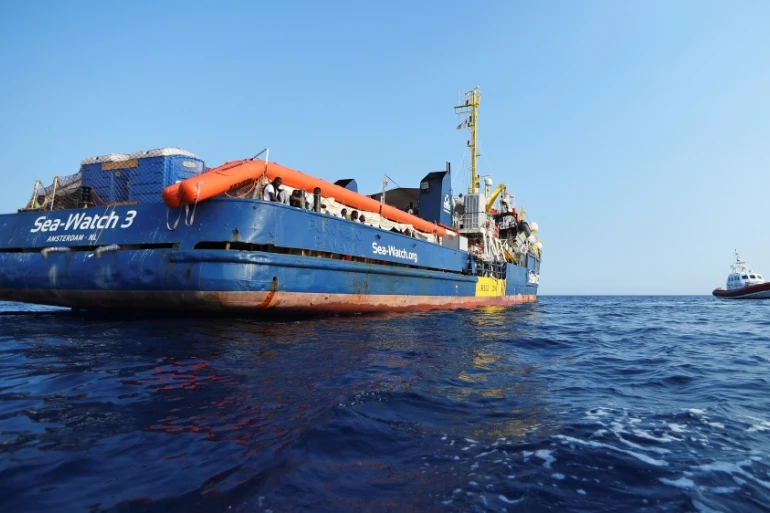 The Sea-Watch 3 rescue ship off the Port of Lampedusa, Italy, in June 2019. (Reuters)