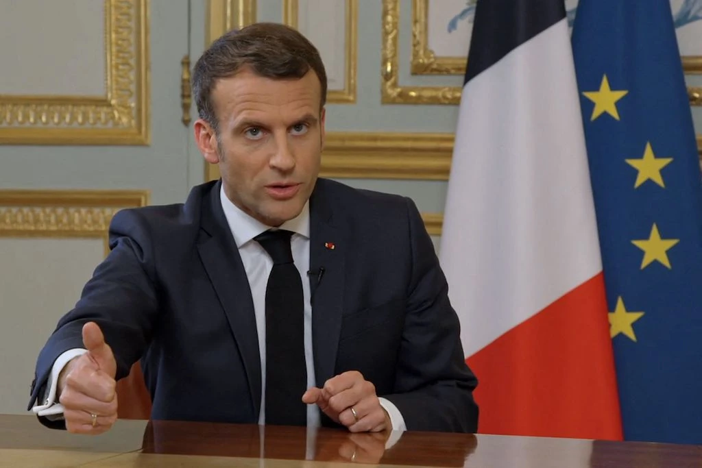 French President Emmanuel Macron gives an interview at the Elysee Palace in Paris on March 23, 2021 to the show "C Dans l'Air" on the French tv channel France 5 ahead of the broadcast of a documentary on France's diplomatic relations with Turkey. (AFP)