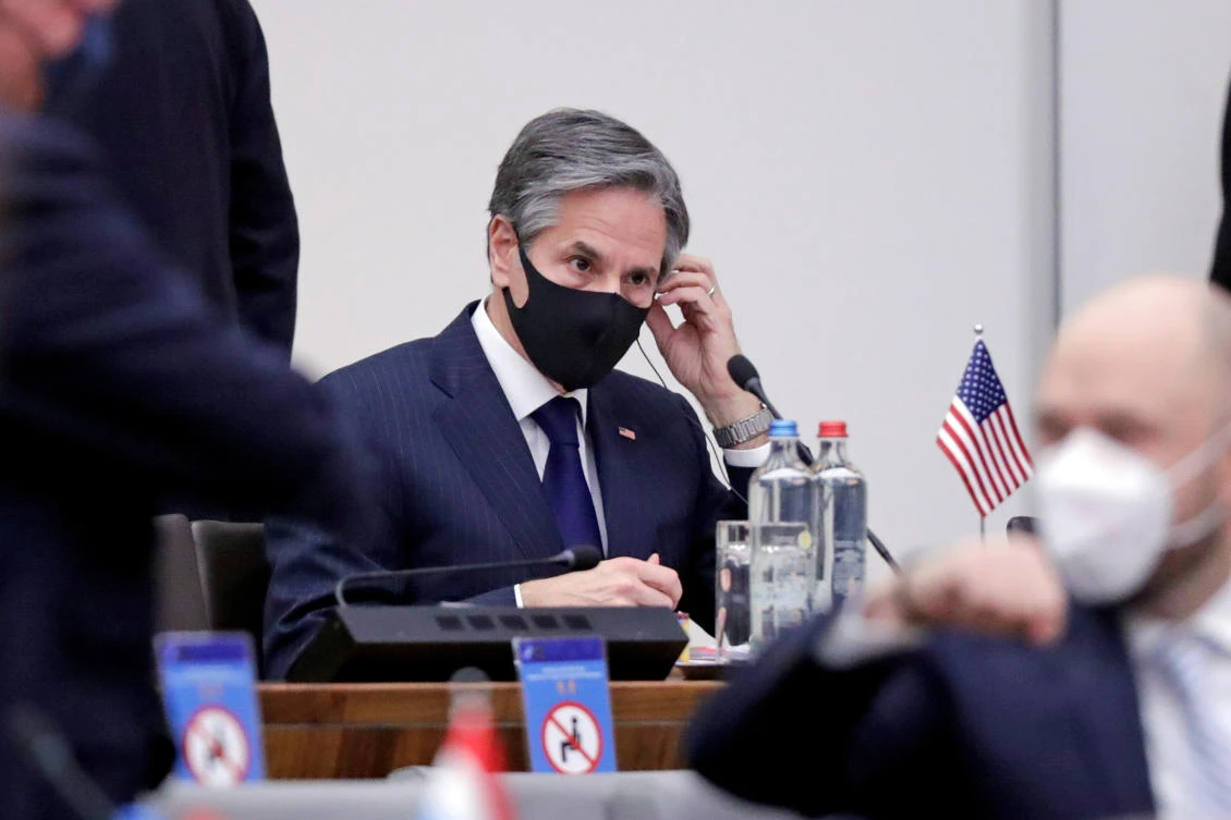 U.S. Secretary of State Antony Blinken is seen on the second day of a NATO foreign ministers' meeting at the alliance's headquarters in Brussels, Belgium, March 24, 2021. (Reuters)