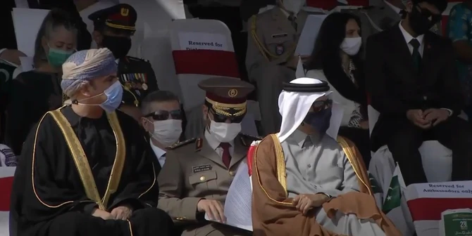 In this photo, Arab diplomats are seen attending Pakistan day parade held in Islamabad, Pakistan on March 25, 2021. (Photo courtesy: Screengrab of ISPR video)