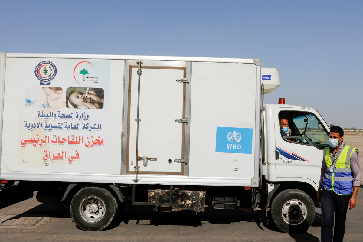 A vehicle containing a shipment of the AstraZeneca vaccine against the coronavirus disease (COVID-19) is seen at Baghdad International Airport, in Baghdad, Iraq March 25, 2021. (Reuters)