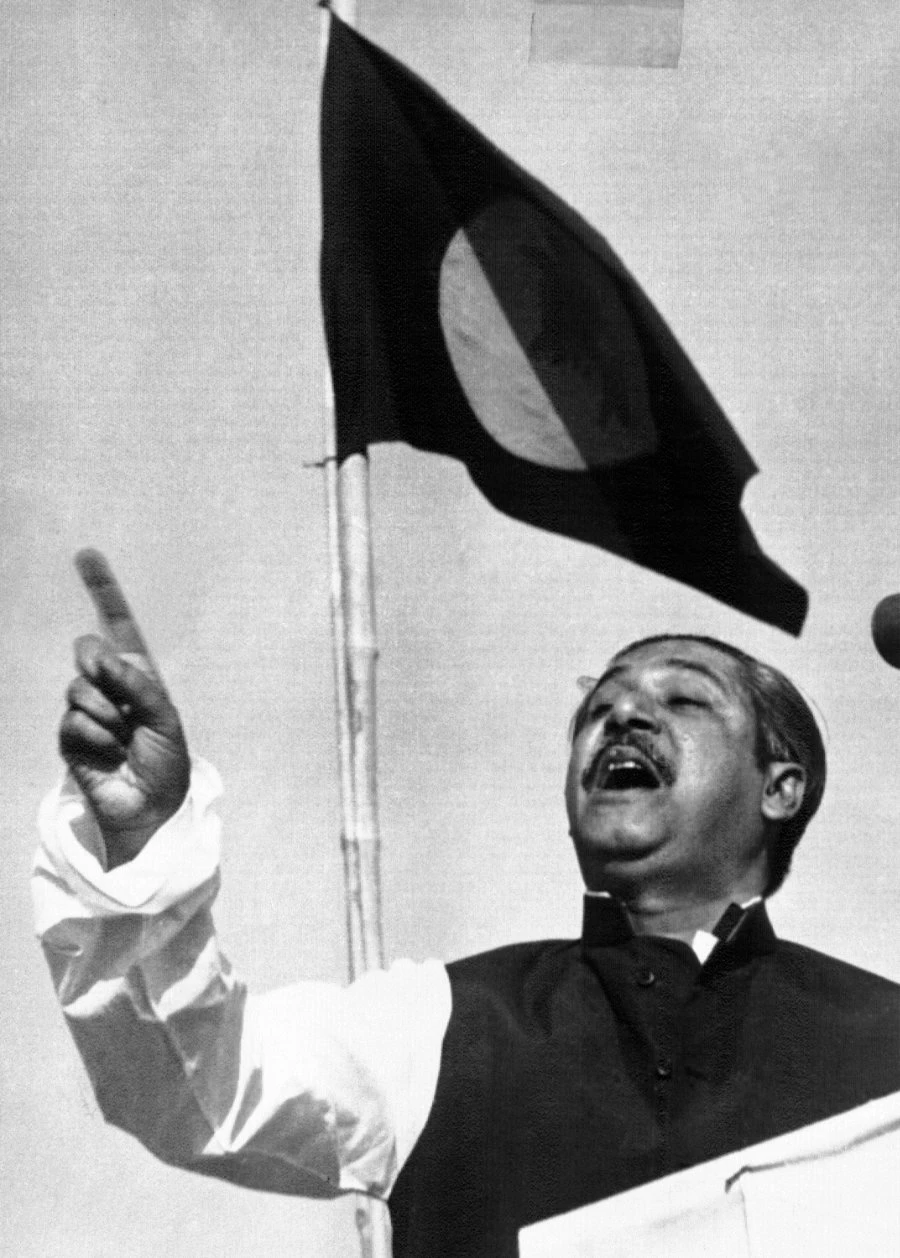East Pakistan's Awami League party leader Sheikh Mujibur Rahman addresses a mass gathering on March 7, 1971. (AP files)