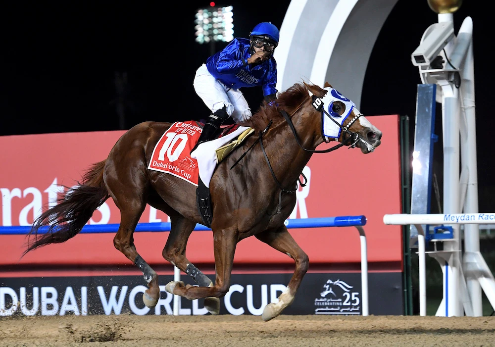 Mystic Guide with jockey Luis Saez wins $12 million Group 1 Dubai World Cup over 2000m (10 furlongs) in UAE. (AP)