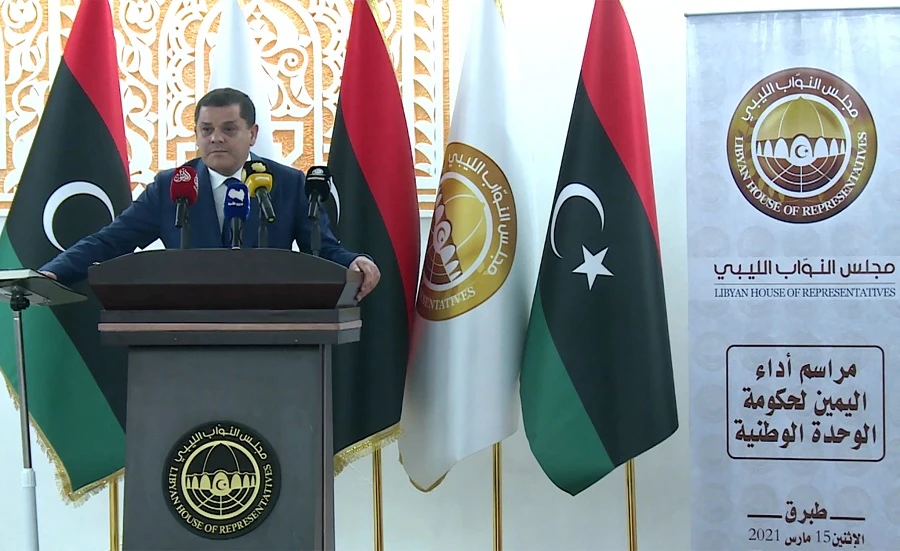 Libya's new interim Prime Minister Abdul Hamid Dbeibah speaks after being sworn in on March 15, 2021 in the eastern coastal city of Tobruk. (File/AFP)