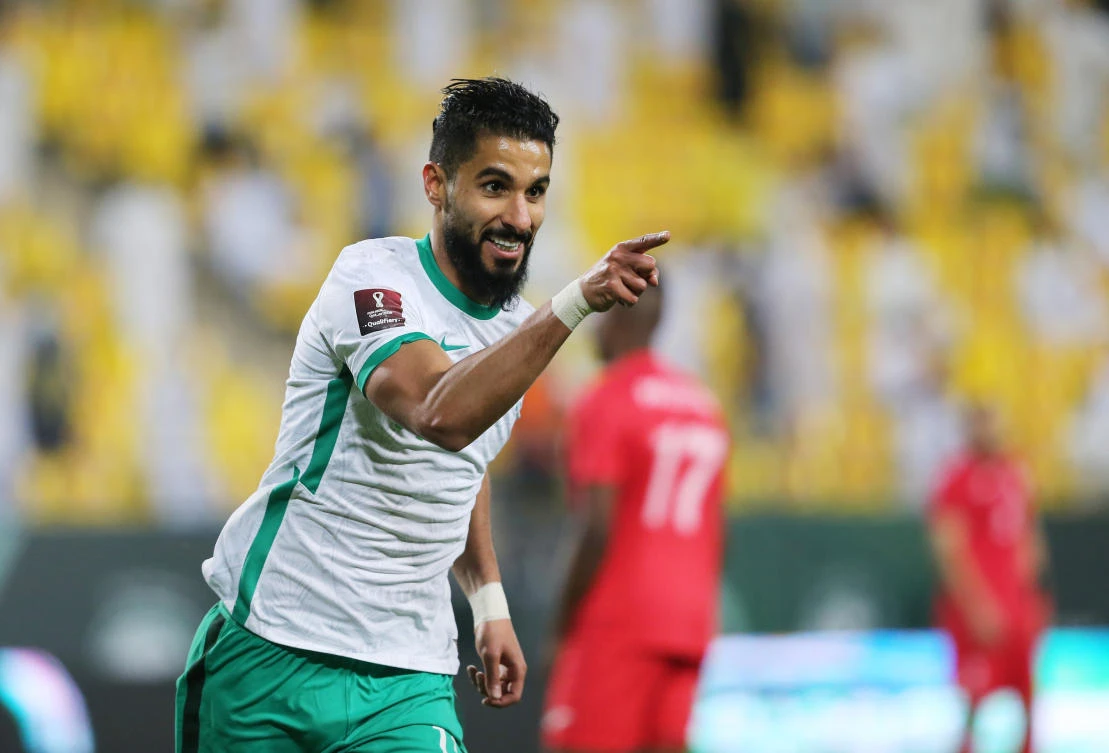 Saleh Al-Shehri celebrates scoring the Green Falcons’ third goal in the World Cup qualifier against Palestine at the King Saud University Stadium, Riyadh, Saudi Arabia, March 30, 2021. (Reuters)