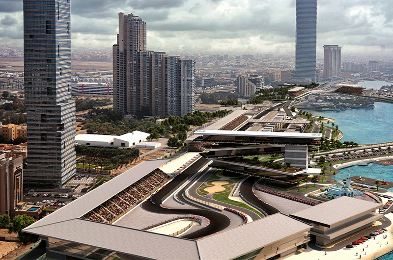A handout picture provided by the Saudi Ministry of Sports on March 18, 2021, shows the circuit design for the Jeddah Street Circuit where the 2021 Saudi Arabian Grand Prix is planned to be held. (AFP/File)