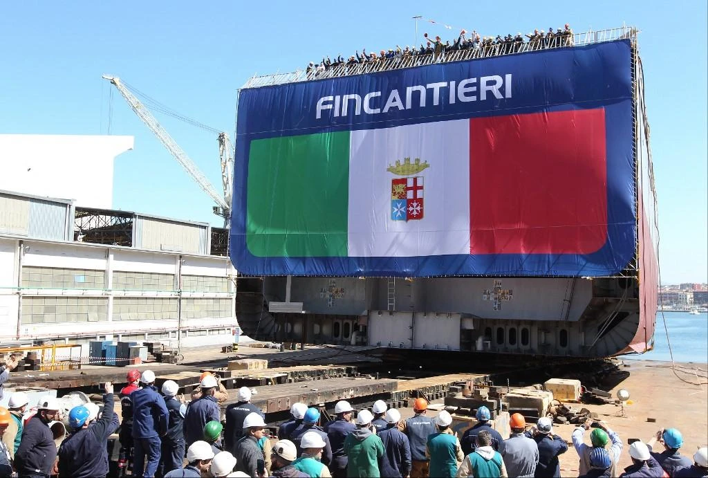 Workers take part in the launching ceremony of the bow section of Italian Navy’s new logistic support ship Vulcano in this April 10, 2017 file photo. (AFP)