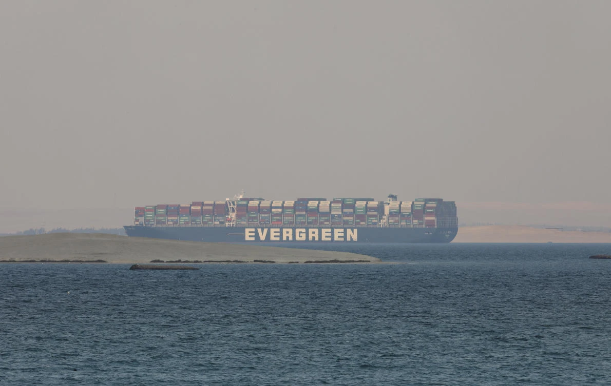 Ever Given, a Panama-flagged cargo ship, is seen in Egypt's Great Bitter Lake Tuesday, March 30, 2021. (File/AP)
