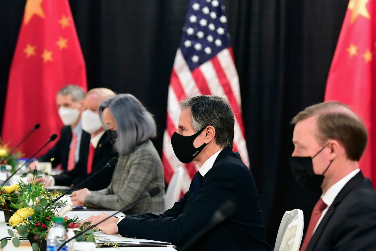 Antony Blinken and Jake Sullivan listen as they meet Chinese Communist Party foreign affairs chief Yang Jiechi and China's State Councilor Wang Yi in Alaska. (File/AP)