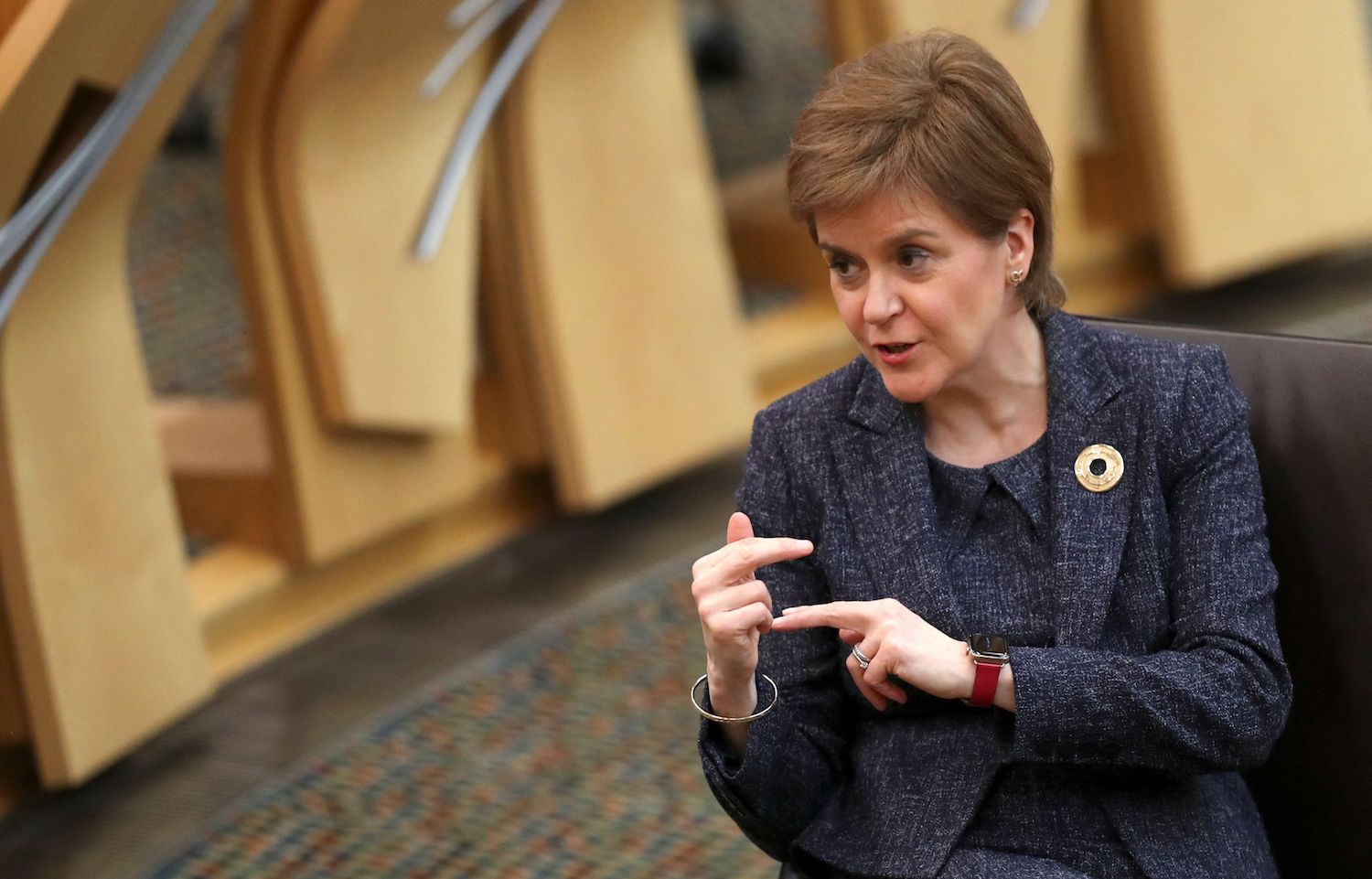 Scotland's First Minister Nicola Sturgeon takes part in the weekly First Minster's Questions at the Scottish Parliament in Holyrood, Edinburgh on March 4, 2021. (AFP)