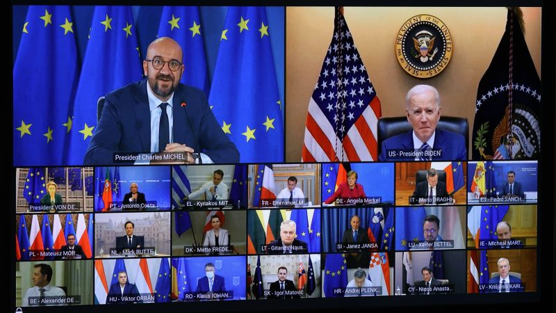 US President Joe Biden during the virtual EU summit on 25 March, 2021. (Council Newsroom)