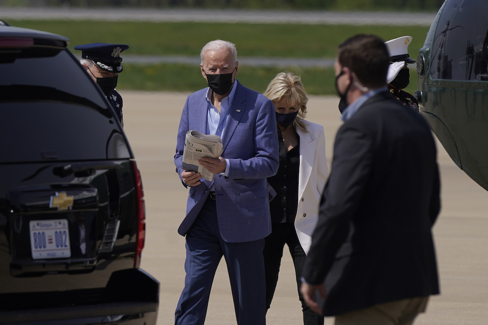 President Joe Biden and first lady Jill Biden after stepping off Marine One at Delaware Air National Guard Base, New Castle, Del., Apr. 24, 2021. (AP Photo)