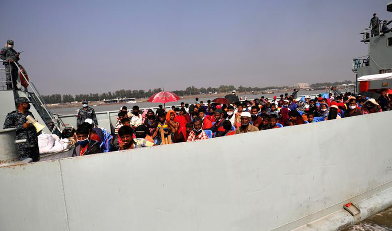 Rohingyas are seen on board a ship as they are moving to Bhasan Char island in Chattogram, Bangladesh. (Reuters)
