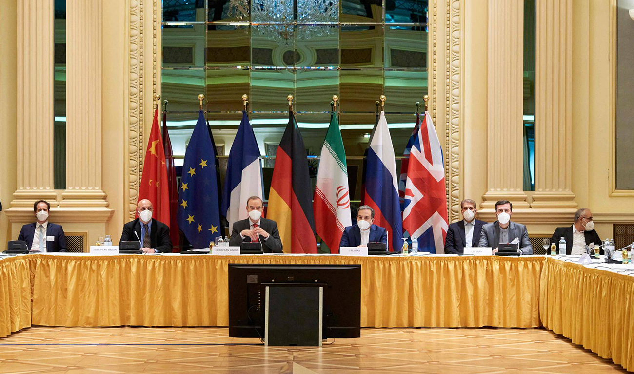 Diplomats of the EU, China, Russia and Iran at the start of talks at the Grand Hotel in Vienna. (AFP)
