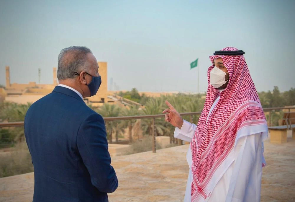 Iraq's Prime Minister Mustafa Al-Kadhimi and Crown Prince Mohammed bin Salman discussed boosting ties between their countries. (SPA)