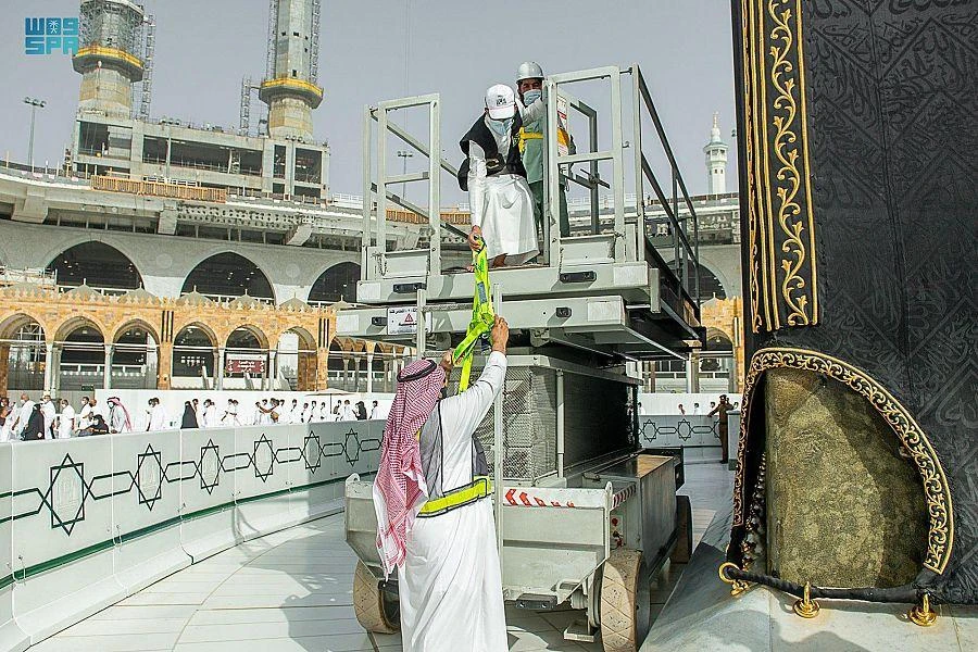Seasonal maintenance work on the the Kiswa, the covering for the Holy Kaaba in Makkah, started on Sunday ahead of the month of Ramadan. (SPA)