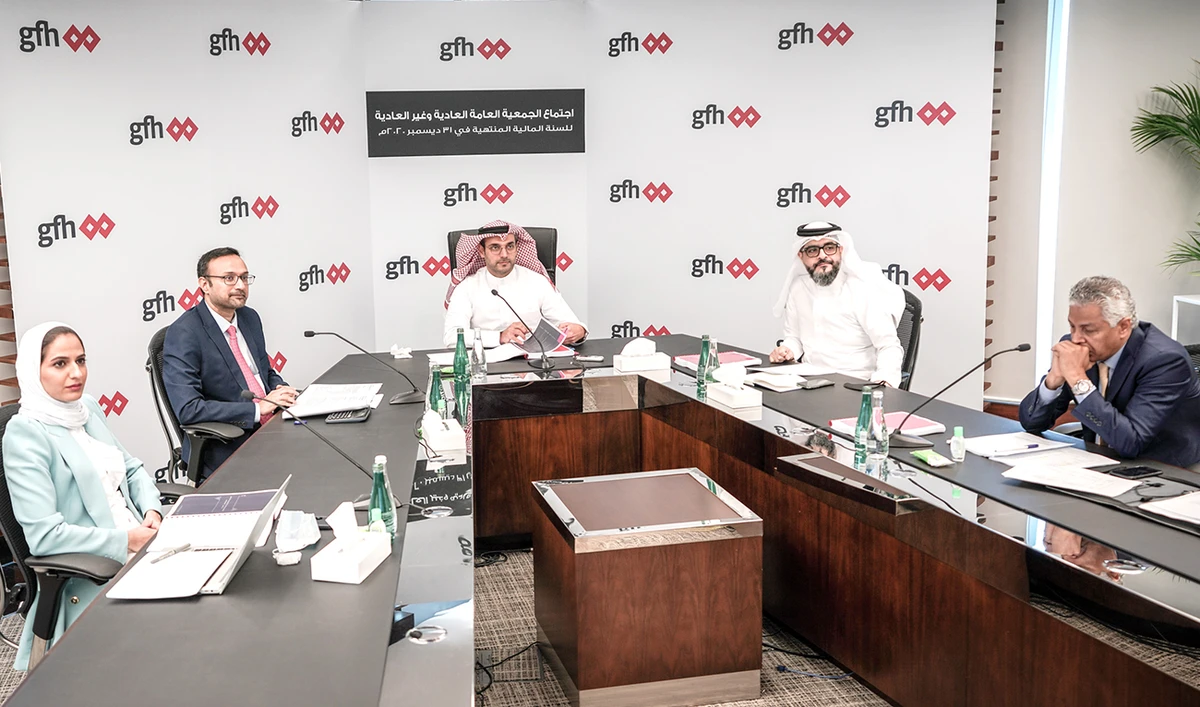 Board members of GFH Financial Group attend the general meeting for the financial year ending Dec. 31, 2020.