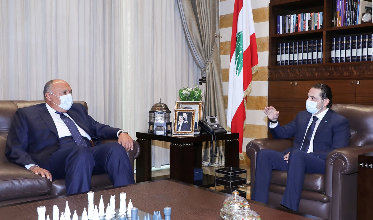 Lebanese Prime Minister designate Saad al-Hariri meets with Egyptian Foreign Minister Sameh Shoukry in Beirut, Lebanon April 7, 2021. (Reuters)