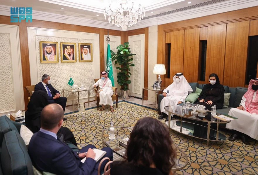 Saudi Arabia’s Foreign Minister Prince Faisal bin Farhan meets Secretary General of the World Tourism Organization Zurab Pololikashvili. (SPA)