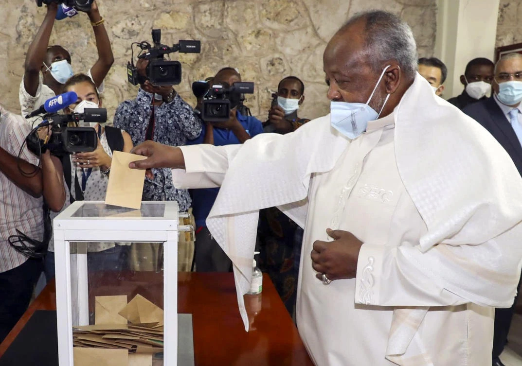 Djibouti's President Ismael Omar Guelleh casts his vote in the capital Djibouti city, Djibouti Friday, April 9, 2021. (AP Photo)