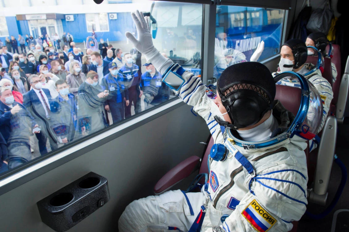 The International Space Station (ISS) crew members depart to the launchpad at the Baikonur Cosmodrome in Kazakhstan on April 9, 2021. (Irina Spector/GCTC/Roscosmos/Handout via REUTERS)