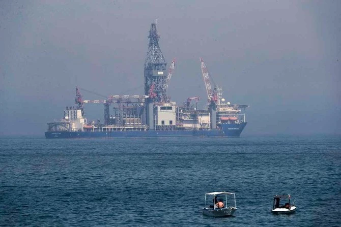 The Tungsten Explorer, a drillship to explore for oil and gas, is seen off the coast of Lebanon on May 15, 2020. (AFP)
