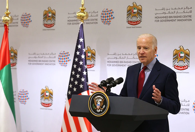 A handout image provided by United Arab Emirates News Agency (WAM) on March 8, 2016, shows US President Joe Biden delivering a speech during a visit to the Mohammed bin Rashid Centre for Government innovation in Dubai. (AFP/ File)