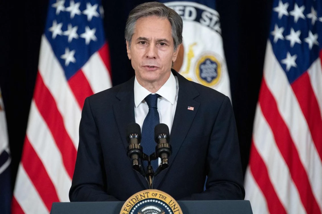 In this file photo US Secretary of State Antony Blinken speaks to staff at the US State Department during the first visit of US President Joe Biden in Washington, DC, February 4, 2021. (File/AFP)