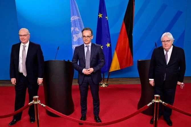 US Special Envoy for Yemen Timothy Lenderking, German FM Heiko Maas and UN Special Envoy for Yemen Martin Griffiths, Berlin, April 12, 2021. (AFP)