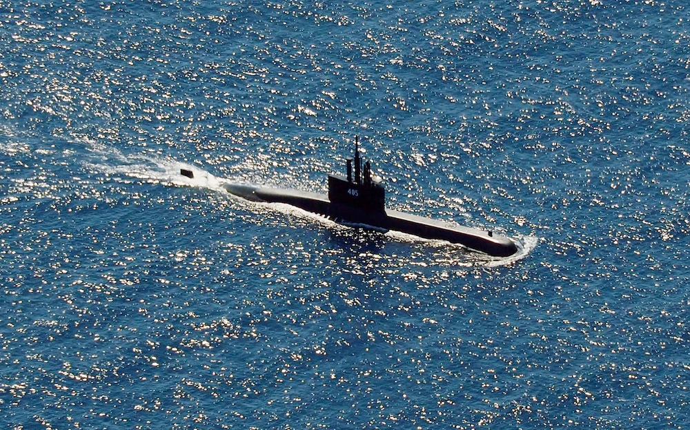 The Indonesian naval submarine KRI Alugoro searches for the KRI Nanggala, which went missing while participating in a training exercise in waters off Bali, Indonesia, April 22, 2021. (AP Photo)