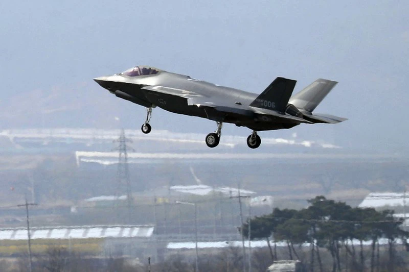 In this March 29, 2019, photo, a US F-35A fighter jet prepares to land at Chungju Air Base in Chungju, South Korea (Kang Jong-min/Newsis via AP)