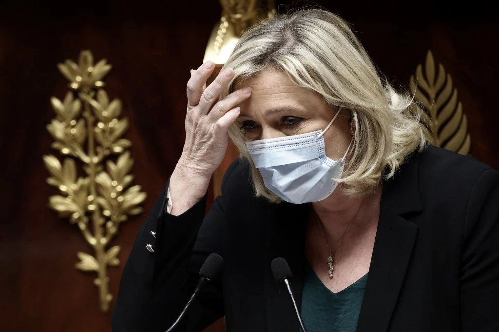 Head of the “Rassemblement national” far-right party Marine Le Pen addresses MPs during a debate held ahead of the vote on a draft bill on COVID-19 response, on April 01, 2021. (File/AFP)