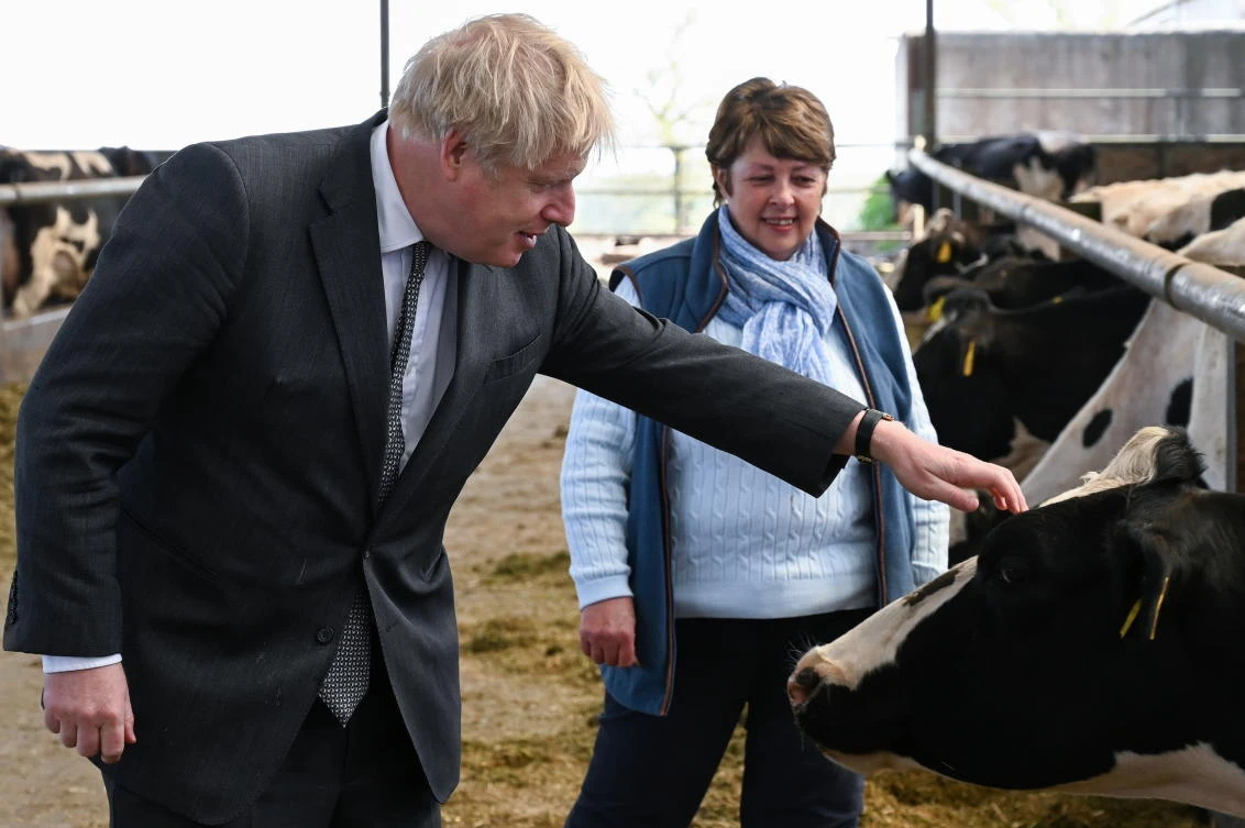 Britain’s Prime Minister Boris Johnson accompanied by Welsh Conservative candidate Barbara Hughes visits Moreton farm near Wrexham, Wales, Britain, April 26, 2021. (Reuters)