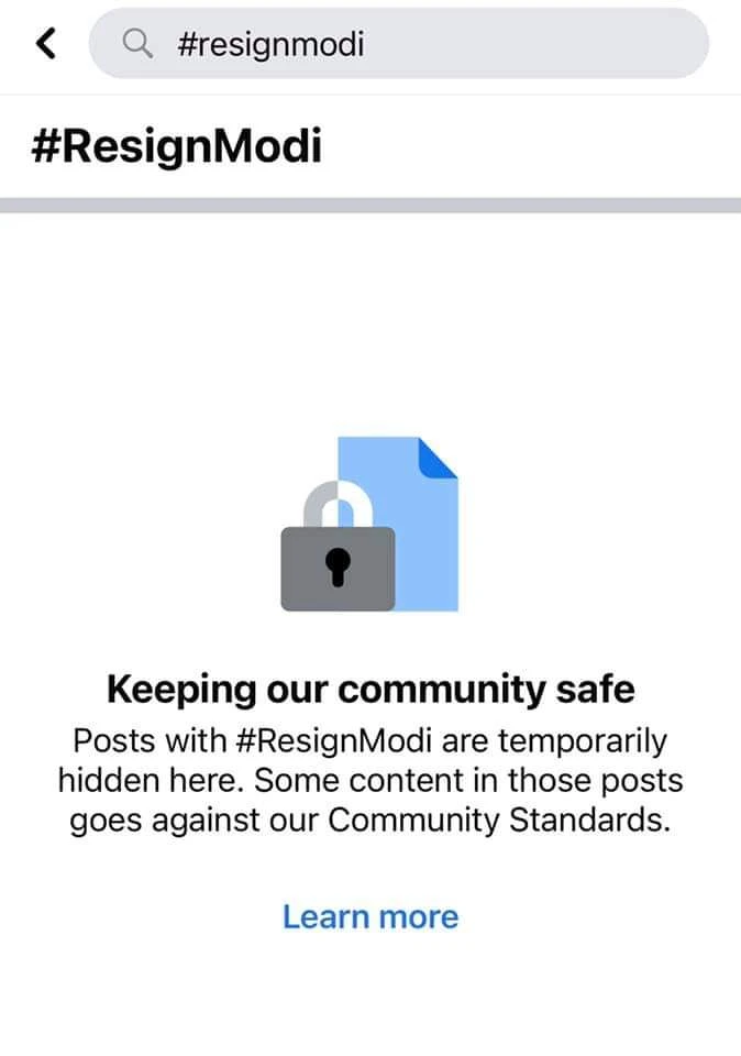 When searching for the hashtag, users were taken to a message that “some content in those posts goes against our Community Standards.” (Screenshot)