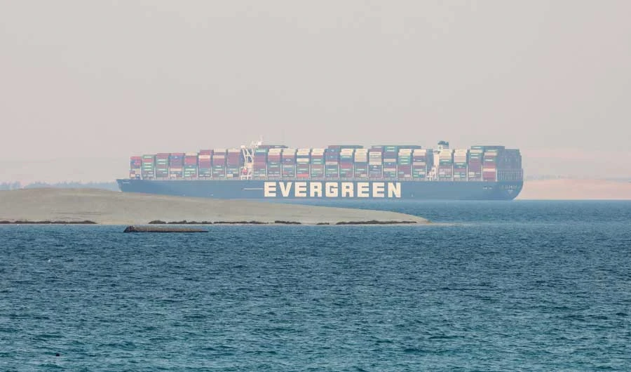 In this March 30, 2021 file photo, the Ever Given, a Panama-flagged cargo ship, is seen in Egypt's Great Bitter Lake. (AP)