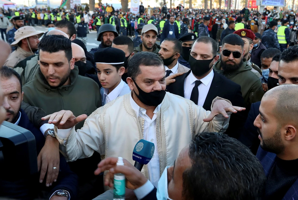Libyan PM Abdul Hamid Dbeibah during celebrations commemorating the 10th anniversary of the 2011 revolution in Tripoli, Libya, Feb.17, 2021. (Reuters)