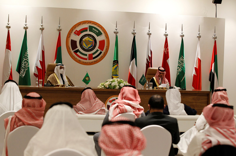 Secretary-General of the GCC Nayef Falah Al-Hajraf and Saudi Arabia's Foreign Minister Prince Faisal bin Farhan Al Saud speak during a joint news conference at the GCC's 41st Summit in Al-Ula, Saudi Arabia on Jan. 5, 2021. (Reuters)