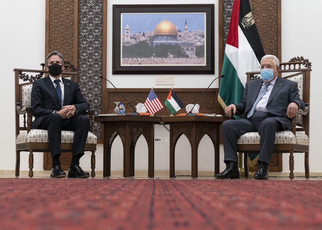 Secretary of State Antony Blinken speaks with Palestinian president Mahmud Abbas in Ramallah. (File/AFP)