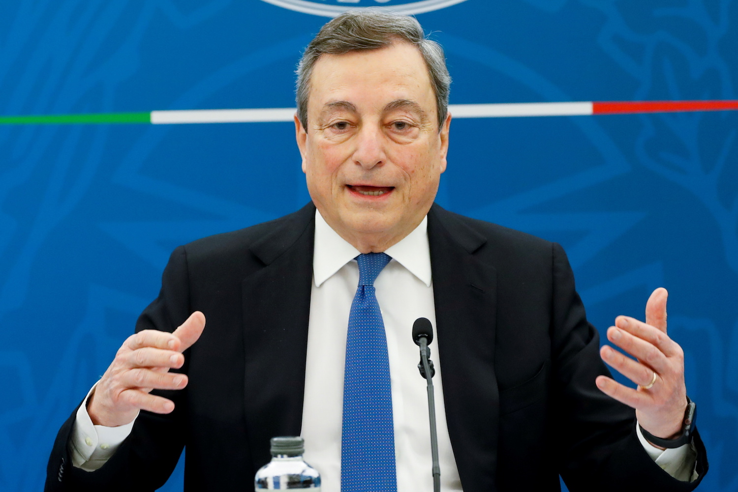 Italian Premier Mario Draghi speaks at the end of a virtual Global Health Summit, in Rome's Villa Pamphili. (File/AP)