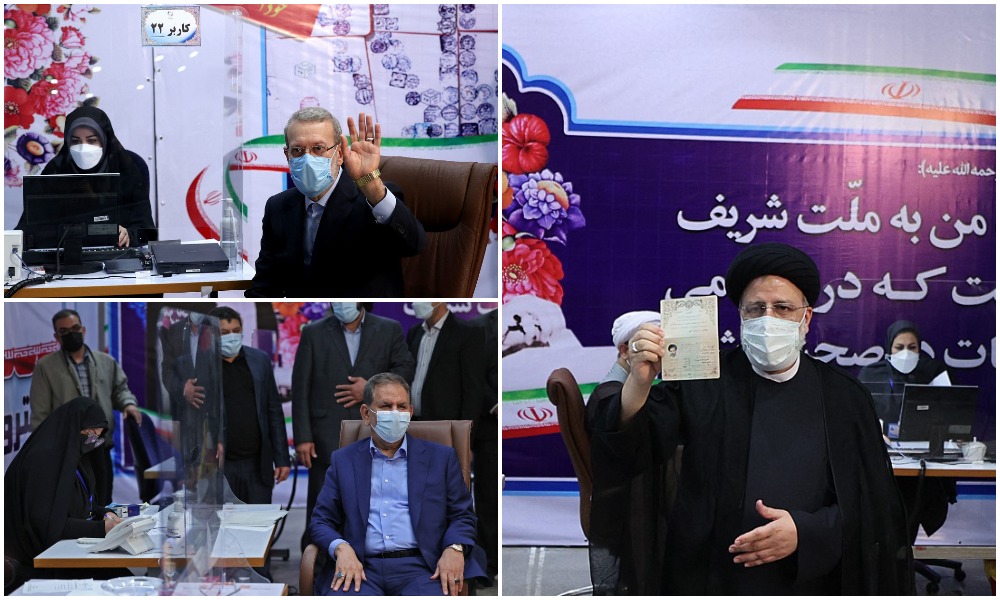 Ali Larijani (top left), Eshagh Jahangiri (bottom left) and Ebrahim Raisi (right). (File/AFP)