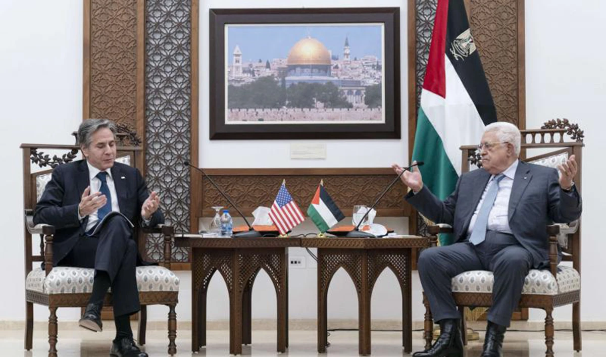 Secretary of State Antony Blinken listens during a joint statement with Palestinian President Mahmoud Abbas, May 25, 2021, in West Bank city of Ramallah. (AP)