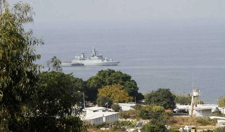 An Israeli navy corvette on the southern Lebanese border town of Naqura as it patrols the waters. (AFP/file)