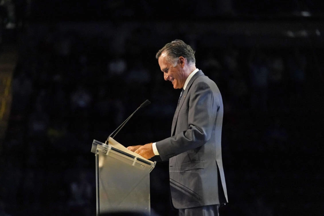 Sen. Mitt Romney addresses the Utah Republican Party 2021 Organizing Convention on May 1, 2021, in West Valley City, Utah. (AP Photo/Rick Bowmer)