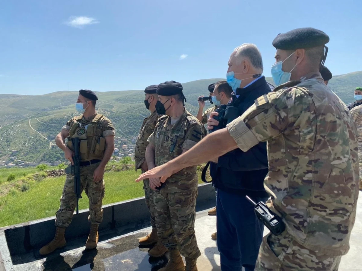 Minister Fahmy inspects the sites from a Lebanese army watchtower in the northern Bekaa Valley. (Supplied)